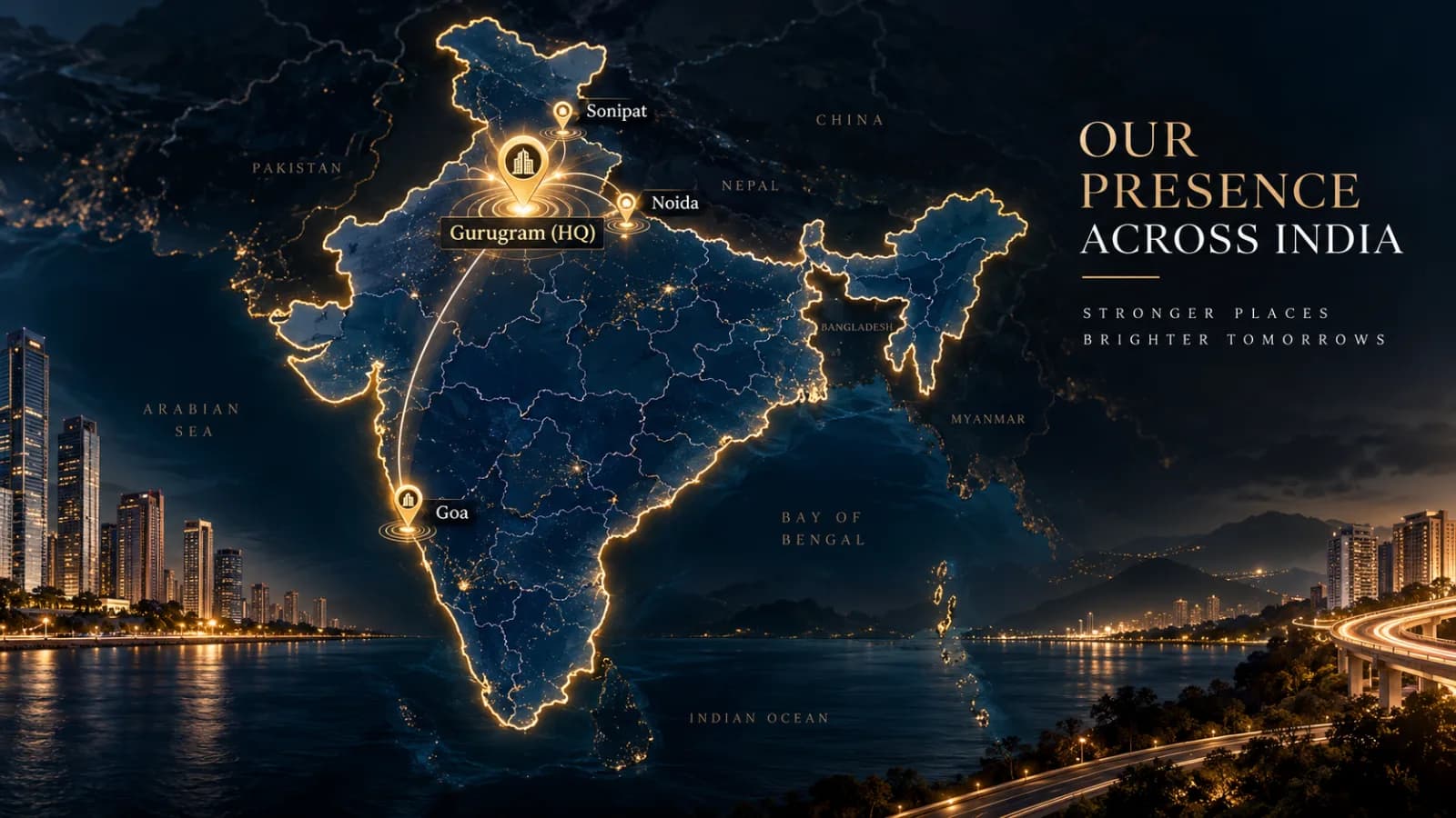 Night map of India marking ElitePro Infra's Gurugram head office and its offices in Sonipat, Noida and Goa.